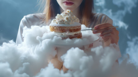 Woman decorating a cake on a cloud generative aiの素材