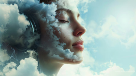 Woman listening to music on a cloud generative aiの素材