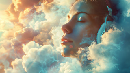 Woman listening to music on a cloud generative aiの素材