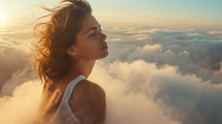 Woman on a cloud exercising generative aiの素材