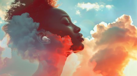 Woman listening to music on a cloud generative aiの素材