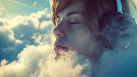 Woman listening to music on a cloud generative aiの素材