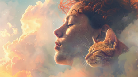 Woman with a cat on a cloud generative aiの素材