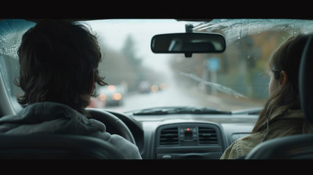 couple driving in a car, view of the car interior generative aiの素材