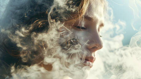 Woman with a cat on a cloud generative aiの素材