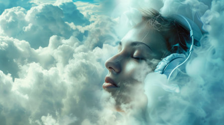 Woman listening to music on a cloud generative aiの素材