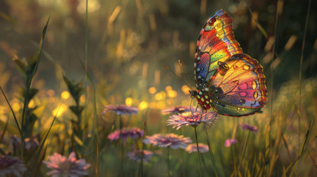Captivating butterfly, adorned with vibrant hues, perched delicately on a wildflower. generative aiの素材