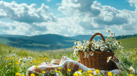 picnic with a bouquet of wildflowers generative aiの素材