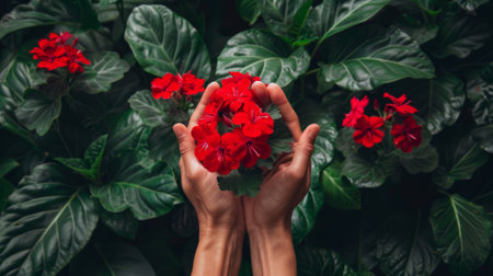 Foto de hands holding a bouquet of geraniums generative ai - Imagen libre de derechos