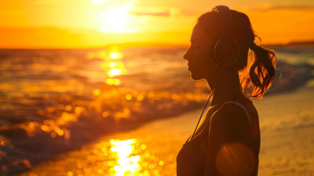 woman standing at the shoreline, headphones on, her silhouette against the setting sun, lost in the music generative aiの素材