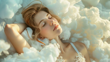 serene white woman, gracefully resting on a cloud, generative aiの素材