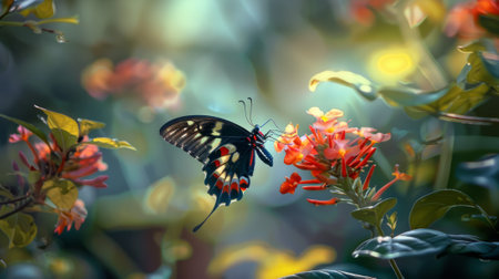 butterfly flying near a flower in a garden generative aiの素材