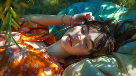 woman lying on a blanket in the park, headphones on generative aiの素材