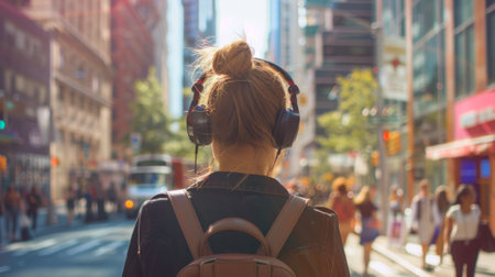 woman walking down a bustling street, headphones in, generative aiの素材
