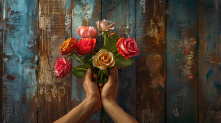 hands holding a radiant bouquet of roses, generative aiの素材