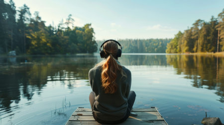 woman sitting on a pier by the lake, headphones on generative aiの素材