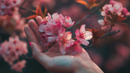 hand holding a bouquet of cherry blossoms generative aiの素材