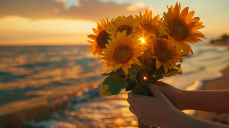 bouquet of sunflowers against the backdrop of a golden sunset on the beach generative aiの素材
