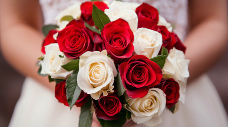hands holding a bouquet of red and white roses generative aiの素材