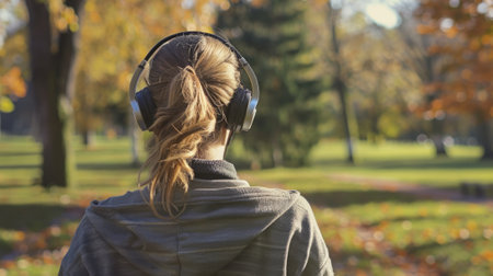 woman walking in a park listening to music generative aiの素材
