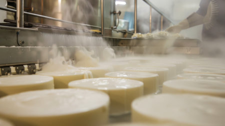 Photographs of milk filtered to remove impurities and then cooled to the proper temperature for cheese production generative aiの素材