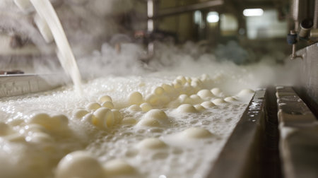 Photographs of milk filtered to remove impurities and then cooled to the proper temperature for cheese production generative aiの素材