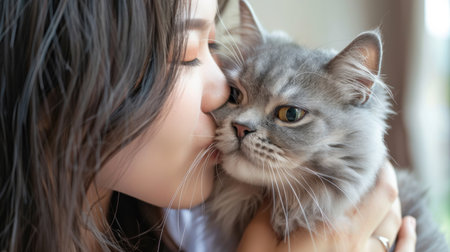 Woman kissing her cute gray Persian cat with love at home generative aiの素材