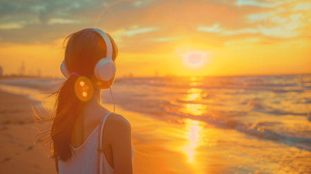 woman listening to music in front of a beach generative aiの素材