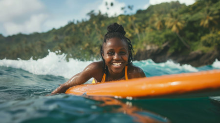 surfer lying on his surfboard and smiling happily while floating in the sea generative aiの素材