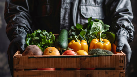 hands in black protective gloves hold a box with groceries. farmers concept. generative aiの素材