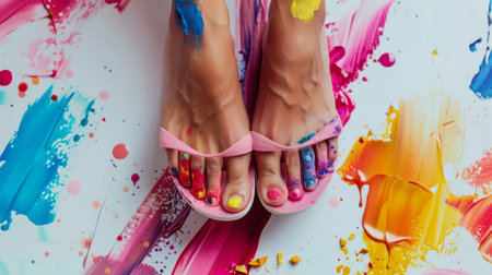 different colors of paint on a woman's feet in sandals on white background. generative aiの素材