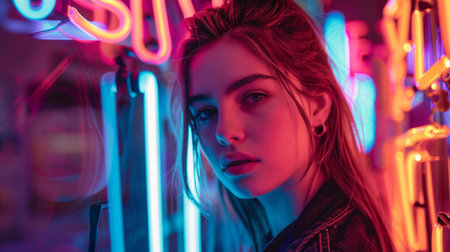 portraits with neon lights generative aiの素材