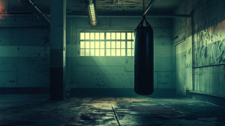Punching bag hanging from the ceiling in a dimly lit room. generative aiの素材