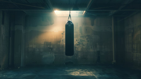 Punching bag hanging from the ceiling in a dimly lit room. generative aiの素材