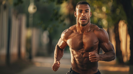 muscular sportsman, with determined look, running while exercising generative aiの素材