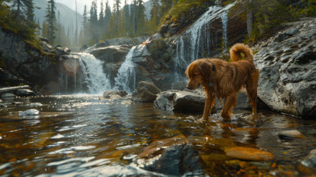 A dog playing in a mountain stream, with waterfalls in the background generative aiの素材