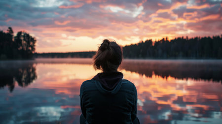 A person with their back turned looking out at a tranquil lake, with sunset reflections in the water generative aiの素材