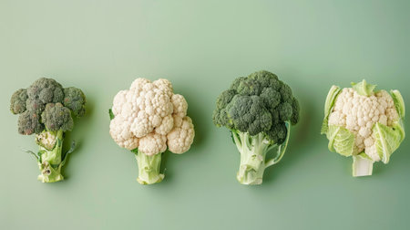 Broccoli and cauliflower layered on a light green background generative aiの素材