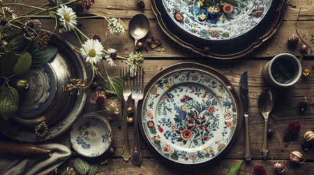 dishes and table details, such as cutlery, decorative plates and flowers, highlighting exquisiteness and attention to detail generative aiの素材
