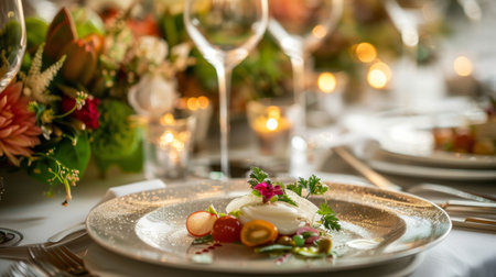 dishes and table details, such as cutlery, decorative plates and flowers, highlighting exquisiteness and attention to detail generative aiの素材