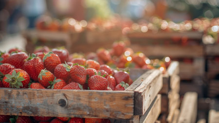 wooden box at fruit market, showing fresh and ripe strawberries generative aiの素材