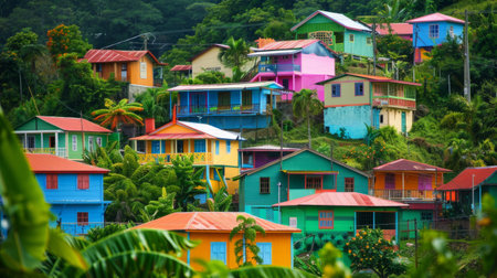 vibrant colors of houses and the lush green of the landscape generative aiの素材