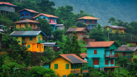 vibrant colors of houses and the lush green of the landscape generative aiの素材