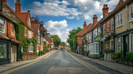 village street, showing the houses lined up along the roadの素材