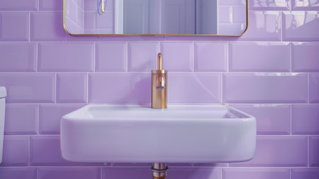 white ceramic sink, brass faucet, white countertop mounted on purple tile wall and mirror generative aiの素材
