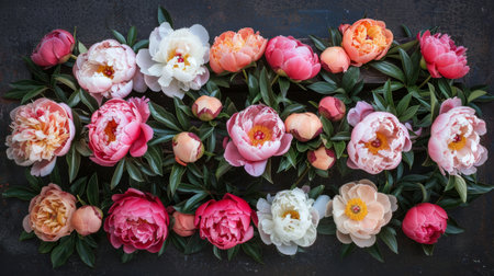 top view of the peony frame, creating an elegant and symmetrical visual effect generative aiの素材