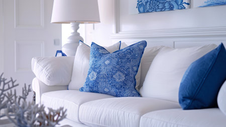 white sofa with blue cushions to contextualize the decoration pieces. generative aiの素材