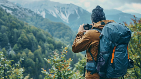 man takes a photo of the landscape with his camera generative aiの素材
