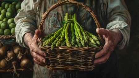farmer holding a bunch of green asparagus and a basket of peas in their pods generative aiの素材