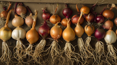 golden onions and heads of garlic with the roots still attached to the ground generative aiの素材